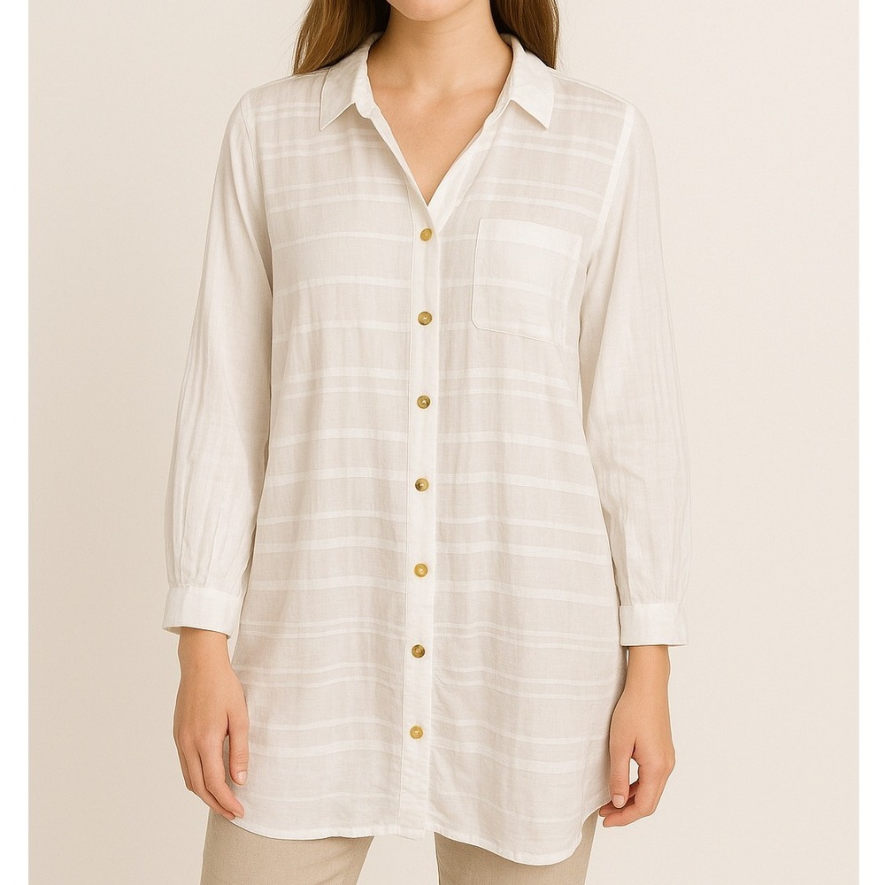 CUE COLLECTION Button Down Tunic Top Sheer‎ Striped Long Sleeve White Medium